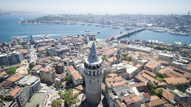 Aerial view of Galata Tower and Golden Horn of Istanbul Bosphorus