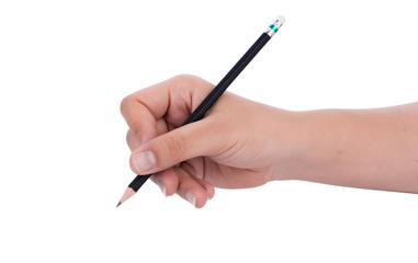 Hand with pencil writing something isolated