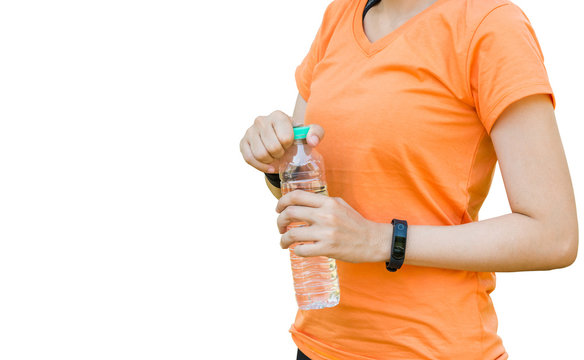 Portrait Of Attractive Confident Smile Young Asian Woman Runner With Orange Shirt Sport Watch Holding Bottle Of Water