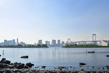 Rainbow bridge as seen from Odaiba waterfront, Odaiba, Japan
