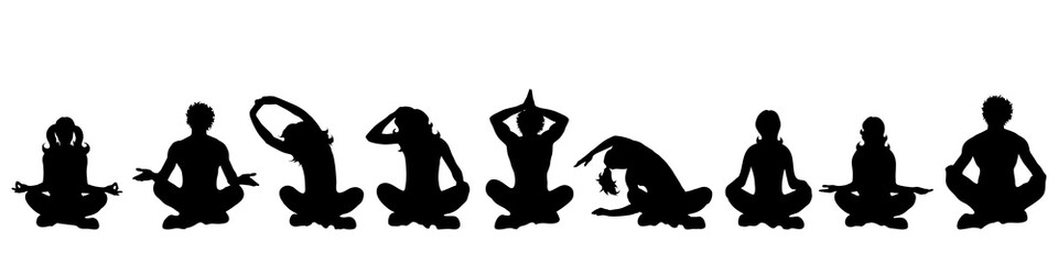 Vector silhouette of people who practice yoga on white background.