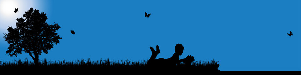 Vector silhouette of boy in nature at sunny day.