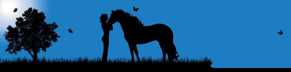 Vector silhouette of girl with horse in nature at sunny day.