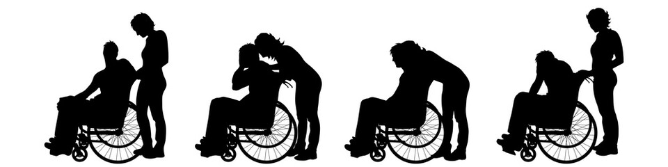 Vector silhouette of man on wheelchair on white background.