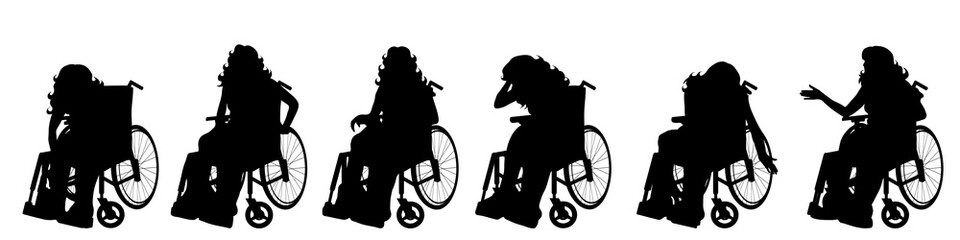 Fototapeta na wymiar Vector silhouette of woman on wheelchair on white background.