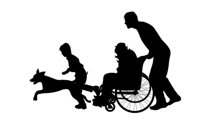 Vector silhouette of family with woman on wheelchair on white background.