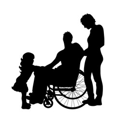 Vector silhouette of family with man on wheelchair on white background.