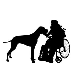 Vector silhouette of woman on wheelchair on white background.