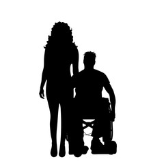 Vector silhouette of couple on wheelchair on white background.