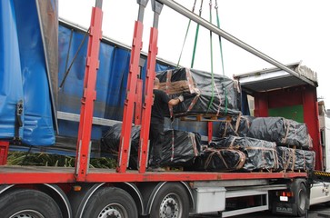 Carga con grúa de paquetes de placas de amianto dentro de un camión trailer (3)