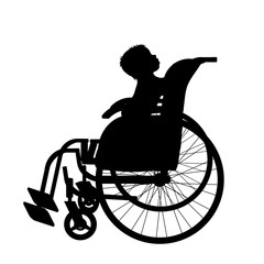 Vector silhouette of child on wheelchair on white background.