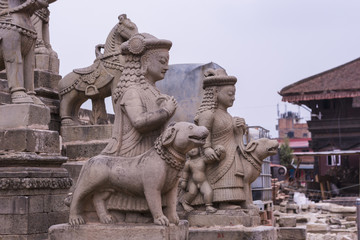 landscape of ruins at Bhaktapur Durbar square, statues