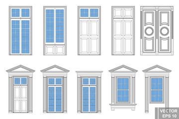 A set of classic doors. Circuit. Interior. Isolated on a blue background.