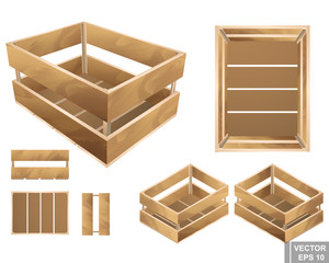 Set of wooden box. For fruits and vegetables. Texture. Isolated on white background.