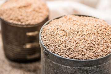 white sesame seeds in gray tin can