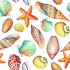 Seamless pattern with underwater life objects, isolated on white background. Marine design-shell, sea star.  Watercolor hand drawn painting illustration. Element for posters, greeting cards.