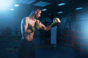 Fototapeta na wymiar Portrait of muscular boxer in black gloves