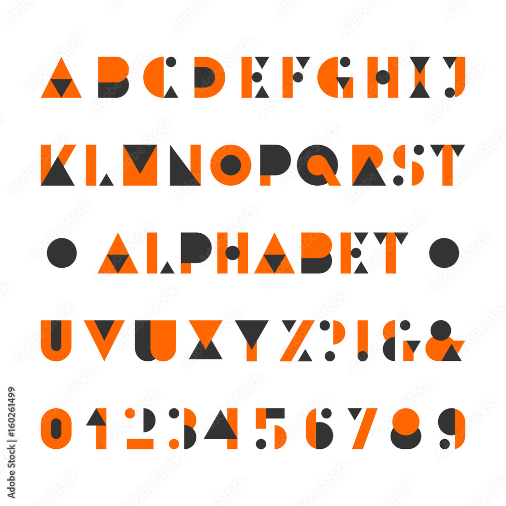 Poster abstract alphabet font. geometric style letters, numbers and symbols. vector typeface for your desig