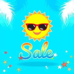 Summer sales banner or poster with smiley sun face wearing sunglasses