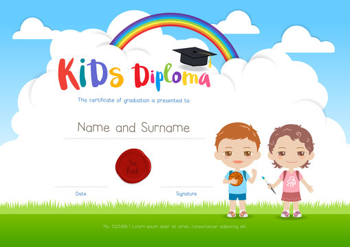 Colorful kids summer camp diploma certificate template in cartoon style with boy girl and sky rainbow