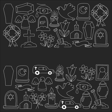 Funeral thin line icon. Set of funeral objects Doodle vector icons RIP