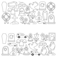 Obraz premium Funeral thin line icon. Set of funeral objects Doodle vector icons RIP