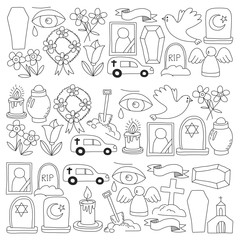 Funeral thin line icon. Set of funeral objects Doodle vector icons RIP