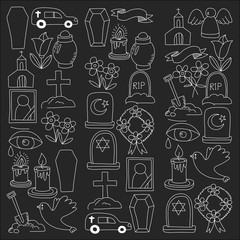 Funeral thin line icon. Set of funeral objects Doodle vector icons RIP
