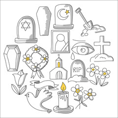 Funeral thin line icon. Set of funeral objects Doodle vector icons RIP
