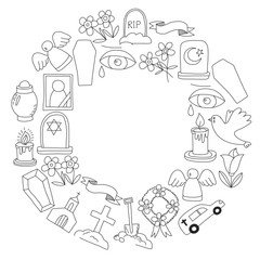 Funeral thin line icon. Set of funeral objects Doodle vector icons RIP