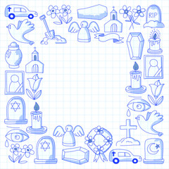 Funeral thin line icon. Set of funeral objects Doodle vector icons RIP
