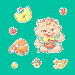 Vector set of color illustrations stickers happy child and kitten. Apples, bananas, kasha and other baby food. The chubby curly kid eating porridge and red cat drinking milk or water