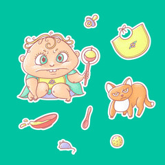 Vector set of color illustrations stickers angry child and terrible kitten. Baby food toys and hygiene items. The chubby curly frown kid and red cat
