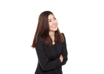 Young asian businesswoman smiling and making gesture looking up isolated on white background