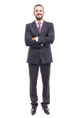 Happy smiling businessman in grey suit on white background