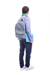 Back view of young student, isolated over white background