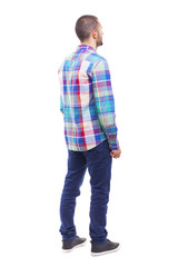 Back view of young casual man, isolated on white background