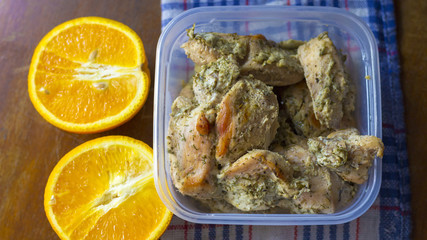 Boiled chicken breast with dill in kefir with orange. Ducan's diet