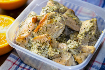 Boiled chicken breast with dill in kefir with orange. Ducan's diet