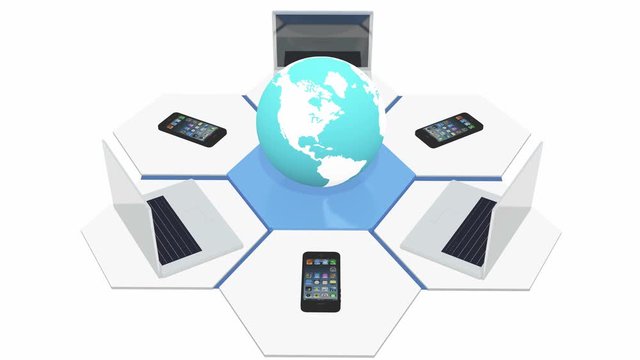 4k smartphone & laptop around 3d rotate earth,computer network,Devices Connecting To Internet Or Global Network.