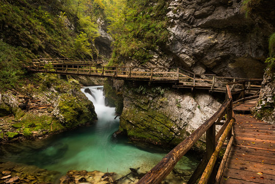 Vintgar Gorge canyon with wooden walkway