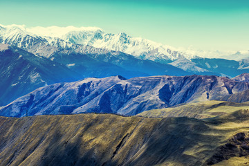 beautiful landscape of Caucasus mountains with blue sky, Russia, Republic Ingushetia