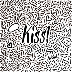 Line-art hand-drawn doodle with modern calligraphy word Kiss!
