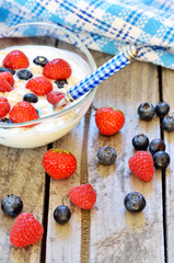 White yogurt in a bowl with oatmeal, blueberries, raspberries and strawberries