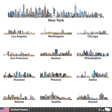 United States largest cities skylines vector illustrations. Flag and map of United States