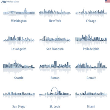 United States largest cities skylines vector illustrations in light blue color palette