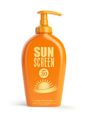Sun screen cream,  oil and lotion containers. Sun protection and suntan cosmetics isolated on white background.