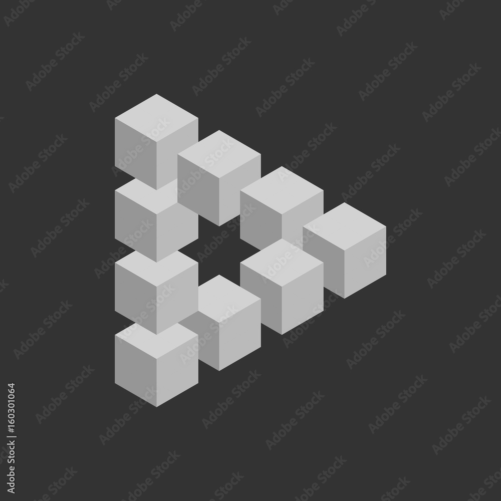 Poster impossible triangle in grey. 3d cubes arranged as geometric optical illusion. reutersvard traingle. 