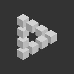 Impossible triangle in grey. 3D cubes arranged as geometric optical illusion. Reutersvard traingle. Vector illustration.