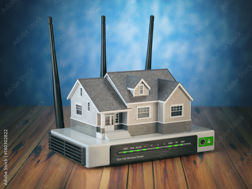 Poster home wireless network. house and wi-fi router on wooden table and blue background.